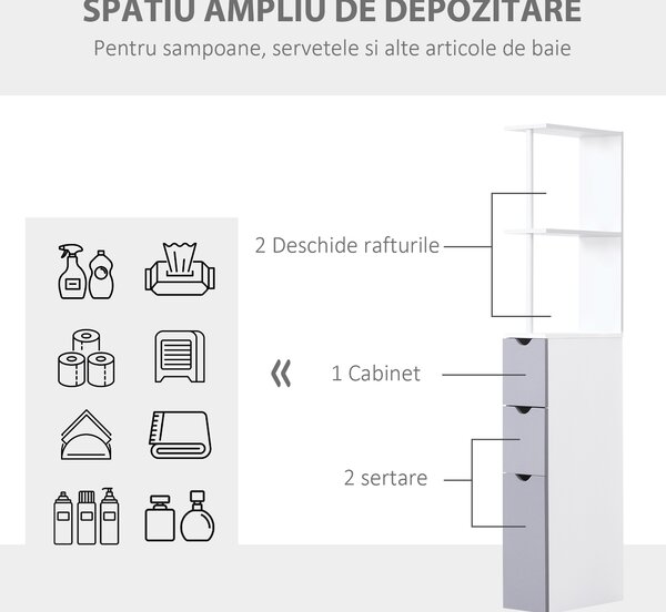 HOMCOM Mobilier Coloană Baie, 2 Compartimente, Ușă, 2 Sertare, MDF și Fier, 15x33x140 cm, Alb și Gri | Aosom Romania