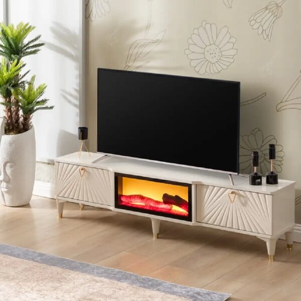 Comoda tv cu semineu Calvin, culoare bej 160 cm