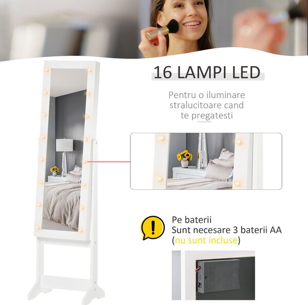 Dulap cu oglinda HOMCOM, pentru bijuterii, spatiu mare de stocare, MDF 36x30x136cm | Aosom RO