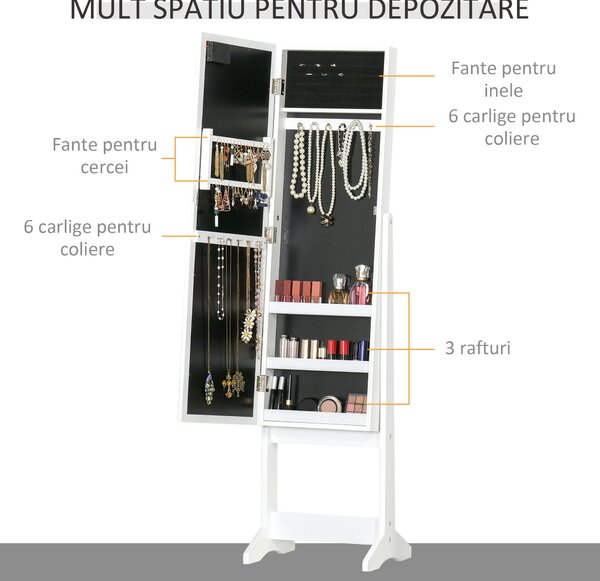 Dulap cu oglinda HOMCOM, pentru bijuterii, spatiu mare de stocare, MDF 36x30x136cm | Aosom RO