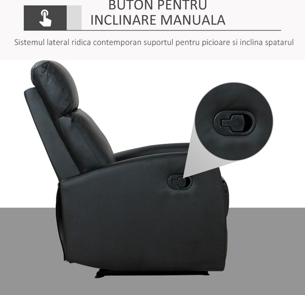 HOMCOM Fotoliu Relax Rabatabil Ergonomic Piele Sintetica 65 × 92 × 100cm, Negru | Aosom Romania