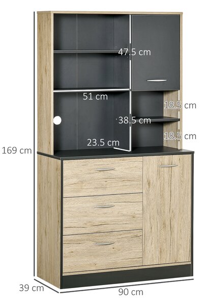 Dulapuri de bucatarie 4 Rafturi, cu 3 sertare mari și un dulap mare, din PAL Stejar si Negru, 90x39x169cm HOMCOM | Aosom RO