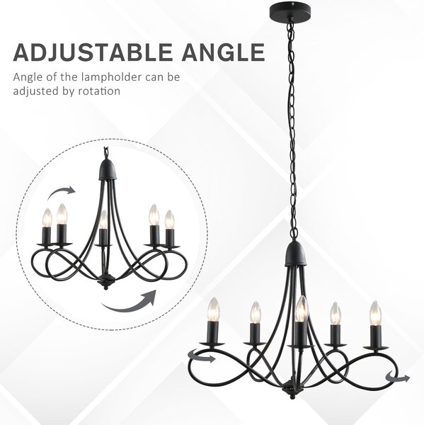 HOMCOM Lustră Suspendată Design Împletit, Candelabru Oțel cu 5 Brațe, Iluminat Elegant Sufragerie 158x45 cm, Negru | Aosom Romania