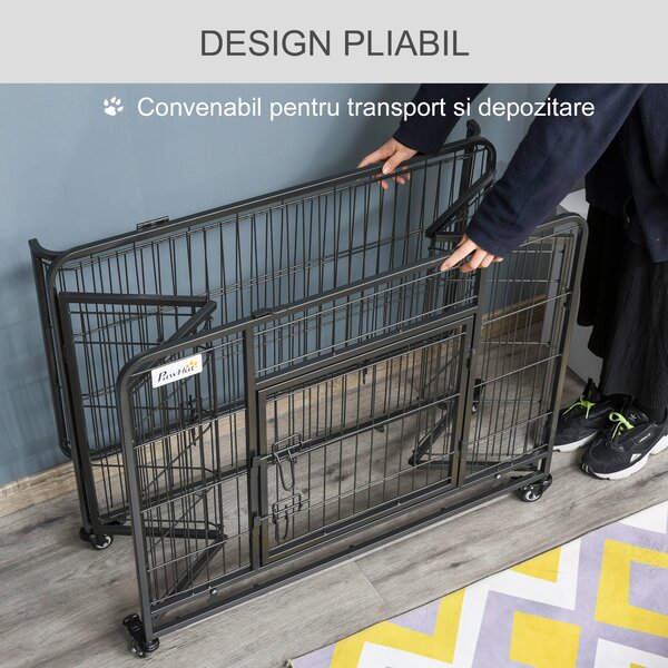 PawHut Tarc Caini Pliabil cu Ușă Blocabilă și 4 Roți Bază Detașabilă Portabil Negru | Aosom Romania