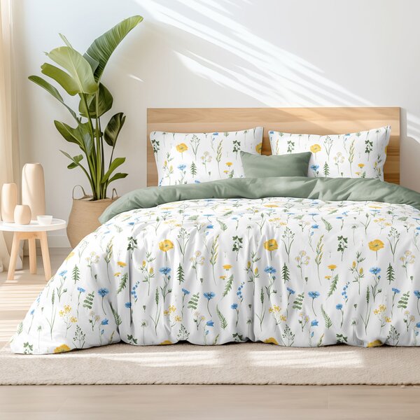 Goldea lenjerie de pat din 100% bumbac duo - pajiște românească cu verde salvie 150 x 200 și 50 x 60 cm
