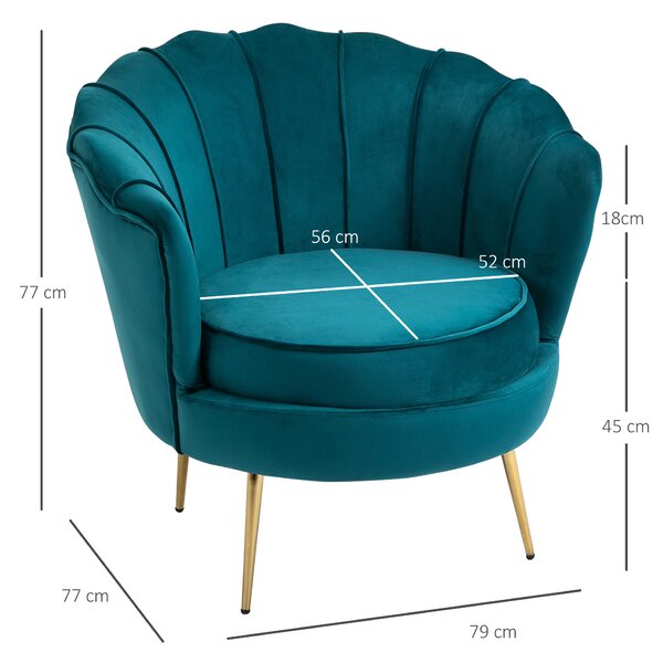 Fotoliu design vintage din Catifea HOMCOM, Fotoliu mic retro de sufragerie, salon si birou, Albastru petrol,179x77x77cm | Aosom Romania
