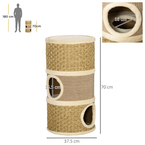 PawHut Casă Pat pentru Pisici, Stâlp Zgâriat, Sisal, Alga Marină, Margine Plus, 37.5x37.5x70 cm, Kaki-Maro | Aosom Romania