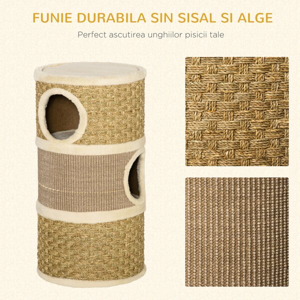 PawHut Casă Pat pentru Pisici, Stâlp Zgâriat, Sisal, Alga Marină, Margine Plus, 37.5x37.5x70 cm, Kaki-Maro | Aosom Romania