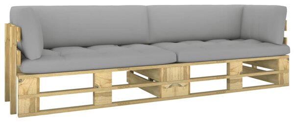 Canapea din paleți cu 2 locuri, cu perne, lemn pin verde tratat
