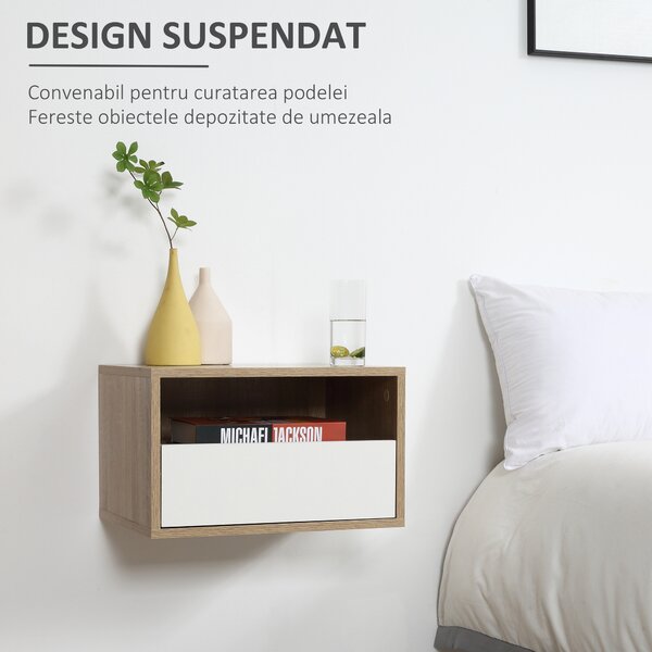 HOMCOM Set de 2 Noptiere Suspendate din Lemn, Design Modern cu Sertar și Raft, Alb și Lemn, 45x35x27.5cm | Aosom Romania