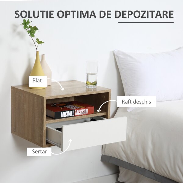 HOMCOM Set de 2 Noptiere Suspendate din Lemn, Design Modern cu Sertar și Raft, Alb și Lemn, 45x35x27.5cm | Aosom Romania