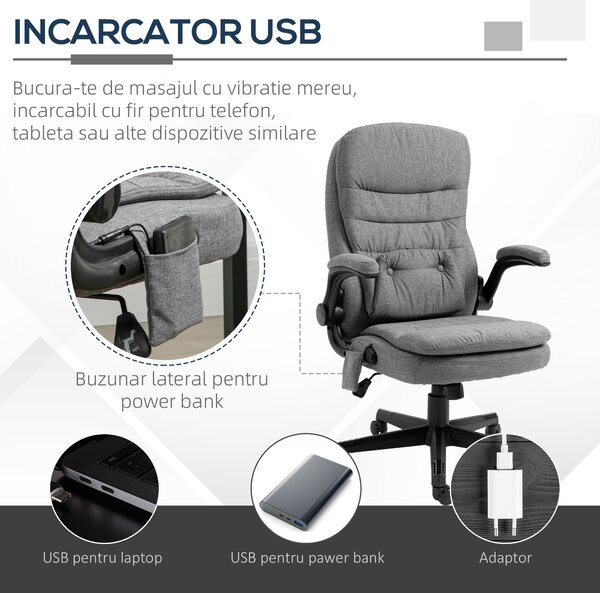 Fotoliu Relax cu Masaj cu Interfata USB si Inaltime Reglabila, 68,5x72x109-119cm, Gri Vinsetto | Aosom RO