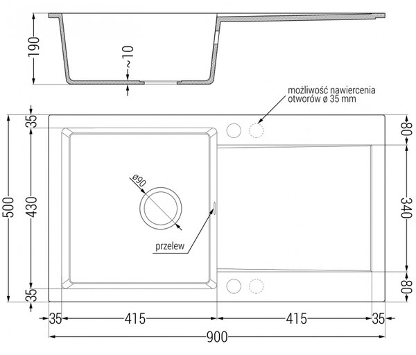 Mexen Leo chiuvetă din granit cu 1 compartiment cu picurător 900 x 500 mm, Neagră, sifon Neagră - 6501901010-77-B