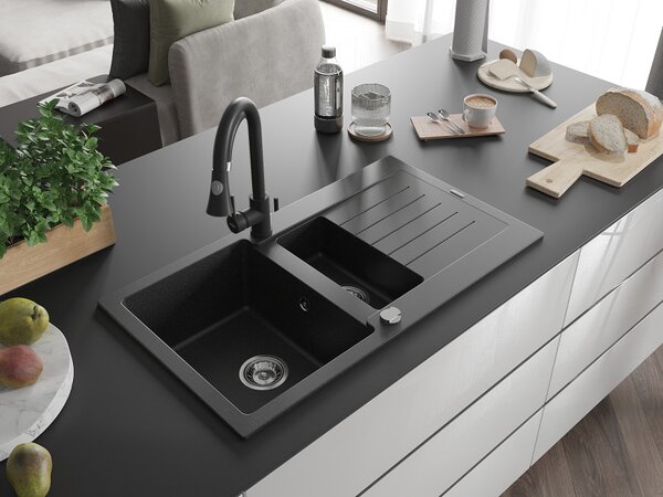 Mexen Matias - chiuveta granit 90.0x50.5cm, 1.5 camere, negru-argintiu, 6502901505-73
