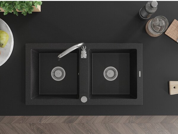 Mexen Mario - chiuveta granit 82.0x43.6cm, 2 camere, negru-argintiu, 6504822000-73