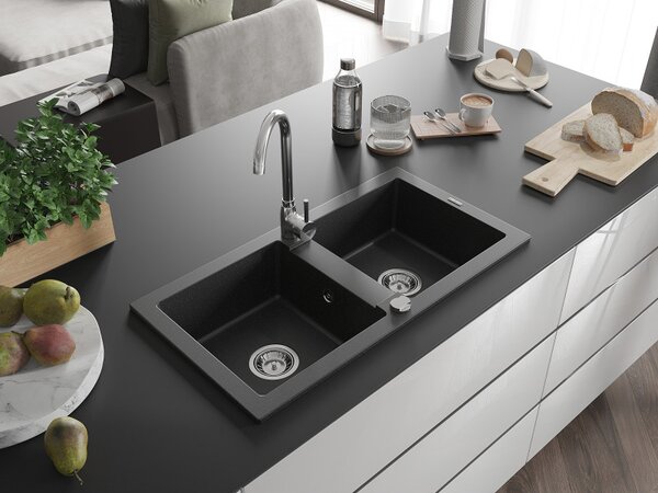 Mexen Mario - chiuveta granit 82.0x43.6cm, 2 camere, negru-argintiu, 6504822000-73