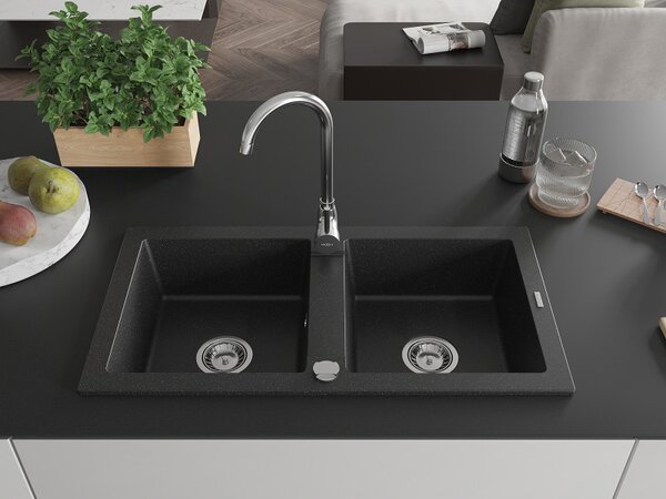 Mexen Mario - chiuveta granit 82.0x43.6cm, 2 camere, negru-argintiu, 6504822000-73