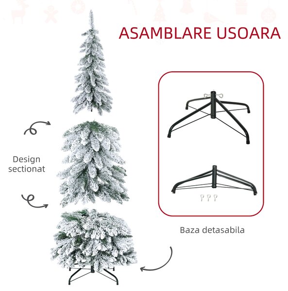 HOMCOM Brad Artificial de Craciun Inalt 180cm, Decor Tip Creion cu 523 de Crengute Pline de Zapada, Forma Coborata, Baza din Otel