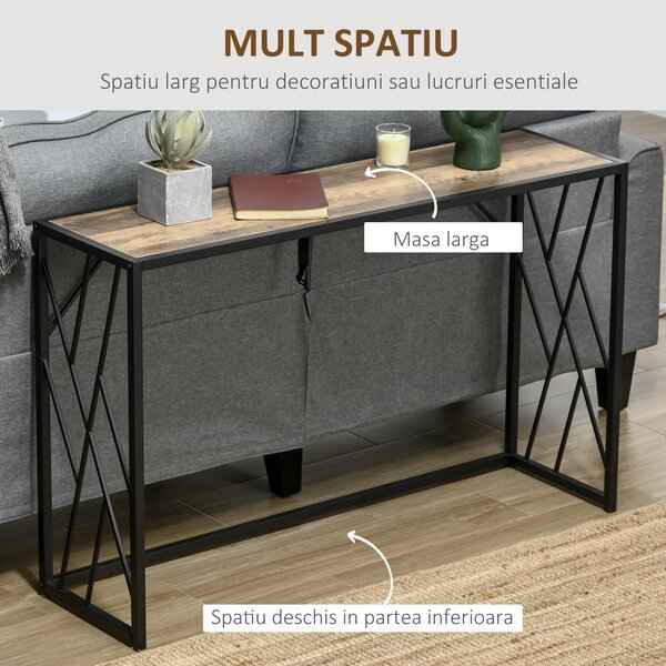 Consolă Industrială HOMCOM, Masă Canapea cu Cadru Metalic, 120x35x75 cm, Design Modern, Maro, pentru Sufragerie, Hol | Aosom Romania