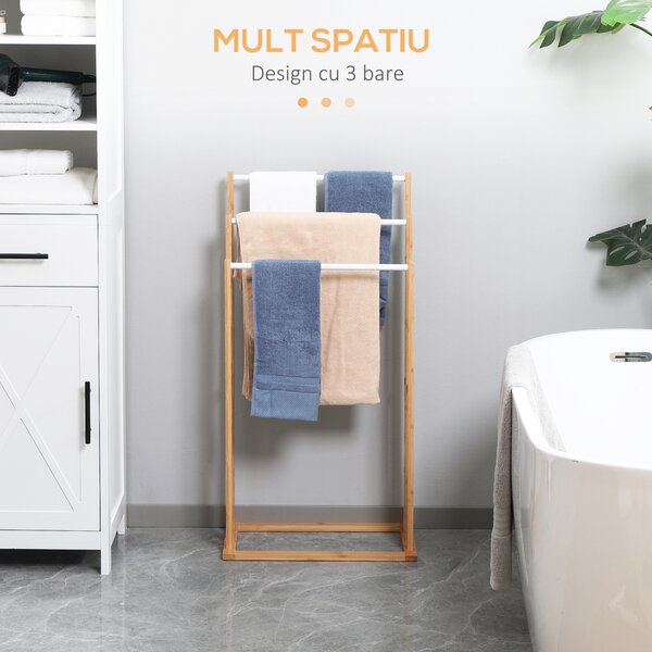 HOMCOM Suport Prosoape din Bambus cu 3 Nivele Design Modern Economisitor de Spațiu pentru Baie sau Bucătărie | Aosom Romania