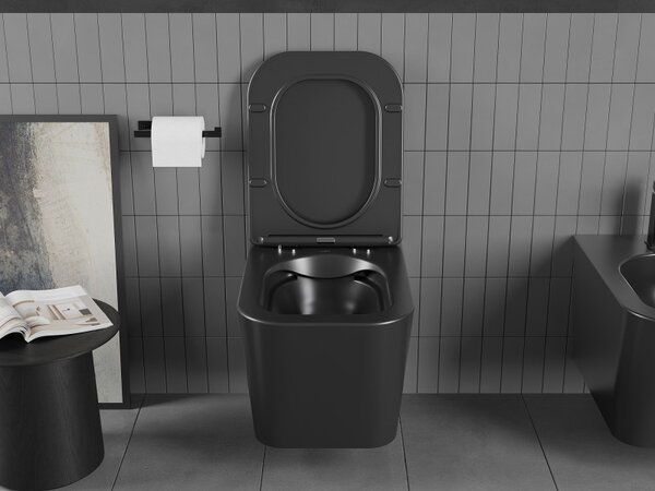 WC suspendat Mexen Teo fără margine cu scaun de toaletă Slim duroplast, negru mat - 30850685