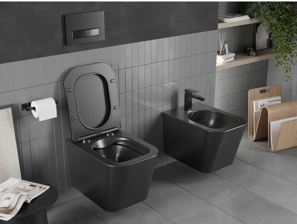 WC suspendat Mexen Teo fără margine cu scaun de toaletă Slim duroplast, negru mat - 30850685