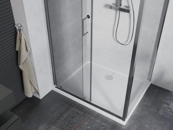 Mexen Apia, cabină de duș cu ușă glisantă 90 (uşă) x 70 (perete) cm, sticlă transparentă 6 mm, profil crom + cadă de duș subțire 5 cm, 840-090-070-01…