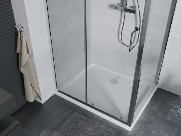 Mexen Apia, cabină de duș cu ușă glisantă 90 (uşă) x 70 (perete) cm, sticlă transparentă 6 mm, profil crom + cadă de duș subțire 5 cm, 840-090-070-01…