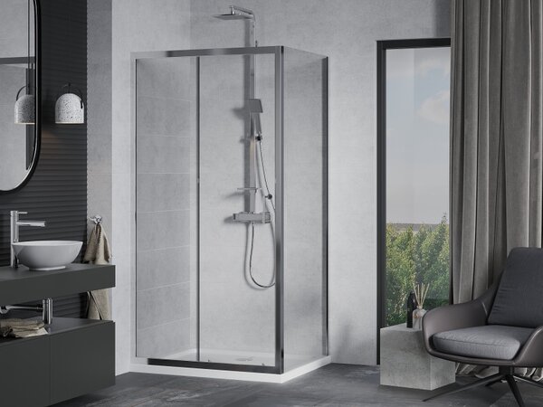 Mexen Apia, cabină de duș cu ușă glisantă 90 (uşă) x 70 (perete) cm, sticlă transparentă 6 mm, profil crom + cadă de duș subțire 5 cm, 840-090-070-01…