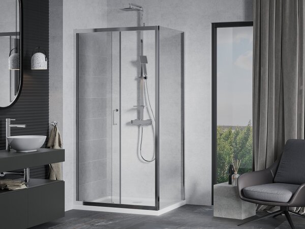 Mexen Apia, cabină de duș cu ușă glisantă 90 (uşă) x 70 (perete) cm, sticlă transparentă 6 mm, profil crom + cadă de duș subțire 5 cm, 840-090-070-01…