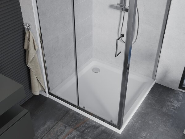 Mexen Apia, cabină de duș cu ușă glisantă 90 (uşă) x 90 (perete) cm, sticlă transparentă 6 mm, profil crom + cadă de duș subțire 5 cm, 840-090-090-01…