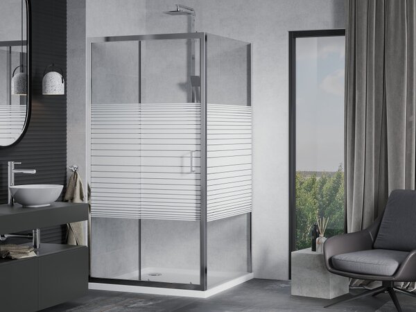 Mexen Apia, cabină de duș cu ușă glisantă 90 (uşă) x 90 (perete) cm, sticlă cu dungi incolore 6 mm, profil crom + cadă de duș subțire 5 cm, 840-090-090-01-20-4010