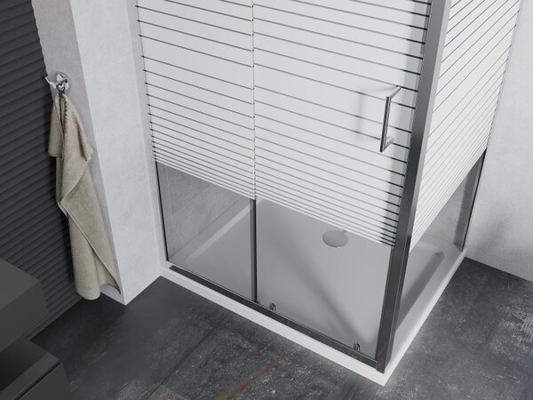 Mexen Apia, cabină de duș cu ușă glisantă 100 (uşă) x 70 (perete) cm, sticlă cu dungi incolore 6 mm, profil crom + cadă de duș subțire 5 cm, 840-100-…