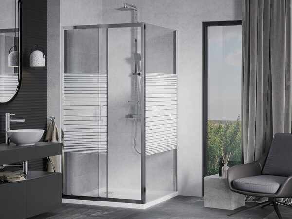 Mexen Apia, cabină de duș cu ușă glisantă 90 (uşă) x 90 (perete) cm, sticlă cu dungi incolore 6 mm, profil crom + cadă de duș subțire 5 cm, 840-090-090-01-20-4010