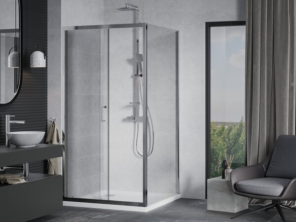 Mexen Apia, cabină de duș cu ușă glisantă 90 (uşă) x 90 (perete) cm, sticlă transparentă 6 mm, profil crom + cadă de duș subțire 5 cm, 840-090-090-01…