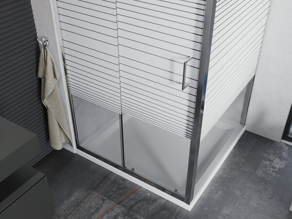 Mexen Apia, cabină de duș cu ușă glisantă 90 (uşă) x 90 (perete) cm, sticlă cu dungi incolore 6 mm, profil crom + cadă de duș subțire 5 cm, 840-090-090-01-20-4010