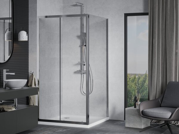 Mexen Apia, cabină de duș cu ușă glisantă 90 (uşă) x 90 (perete) cm, sticlă transparentă 6 mm, profil crom + cadă de duș subțire 5 cm, 840-090-090-01…