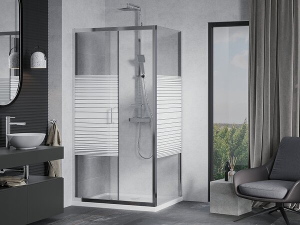 Mexen Apia, cabină de duș cu ușă glisantă 100 (uşă) x 70 (perete) cm, sticlă cu dungi incolore 6 mm, profil crom + cadă de duș subțire 5 cm, 840-100-…