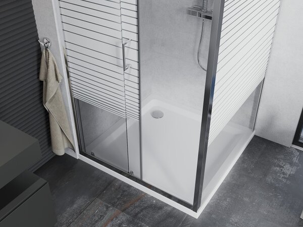 Mexen Apia, cabină de duș cu ușă glisantă 90 (uşă) x 90 (perete) cm, sticlă cu dungi incolore 6 mm, profil crom + cadă de duș subțire 5 cm, 840-090-090-01-20-4010