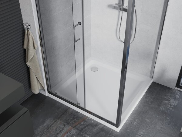 Mexen Apia, cabină de duș cu ușă glisantă 90 (uşă) x 90 (perete) cm, sticlă transparentă 6 mm, profil crom + cadă de duș subțire 5 cm, 840-090-090-01…