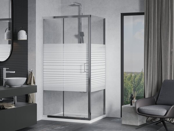 Mexen Apia, cabină de duș cu ușă glisantă 100 (uşă) x 70 (perete) cm, sticlă cu dungi incolore 6 mm, profil crom + cadă de duș subțire 5 cm, 840-100-…