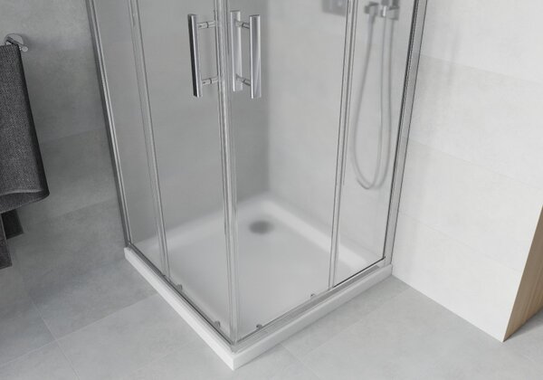Cabină de duș pătrată Mexen Rio 90 x 90 cm, sticlă 6 mm, sticlă mată, profil crom + cadă de duș subțire 5 cm, 860-090-090-01-30-4010