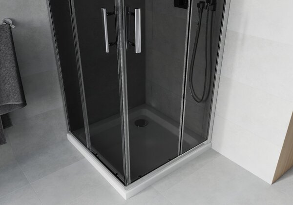 Mexen Rio, duș pătrat cu ușă glisantă 70(uşă) x 70(uşă) x 190 cm, sticlă gri 6mm, profil crom + cadă de duș SLIM albă, 860-070-070-01-40-4010