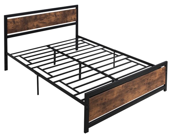 HOMCOM Cadru Pat Matrimonial din Lemn si Otel 160x200cm, Sipci Integrate si Tetiera in Stil Industrial, Negru Maro Rustic