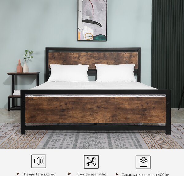 HOMCOM Cadru Pat Matrimonial din Lemn si Otel 160x200cm, Sipci Integrate si Tetiera in Stil Industrial, Negru Maro Rustic