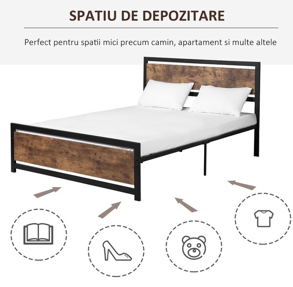 HOMCOM Cadru Pat Matrimonial din Lemn si Otel 160x200cm, Sipci Integrate si Tetiera in Stil Industrial, Negru Maro Rustic