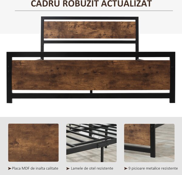 HOMCOM Cadru Pat Matrimonial din Lemn si Otel 160x200cm, Sipci Integrate si Tetiera in Stil Industrial, Negru Maro Rustic