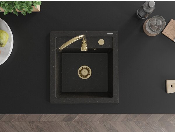 Mexen Vito, chiuveta granit 520x490x210 mm, 1 camera, negru-auriu metalic cu sifon auriu, 6503521000-75-G