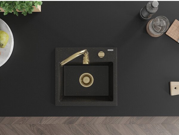 Mexen Milo, chiuvetă din granit 435x410x171 mm, 1 cameră, negru-auriu metalic cu sifon auriu, 6505441000-75-G