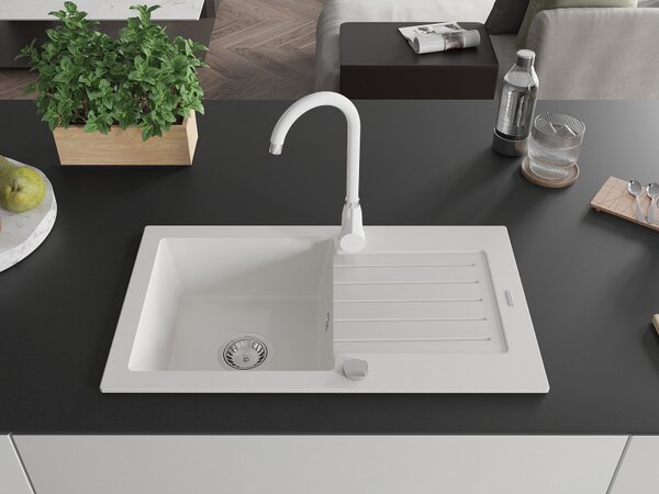 Mexen Pablo chiuvetă de granit cu 1 compartiment cu picurător și baterie bucătărie Telma, albă - 6510-20-670200-20